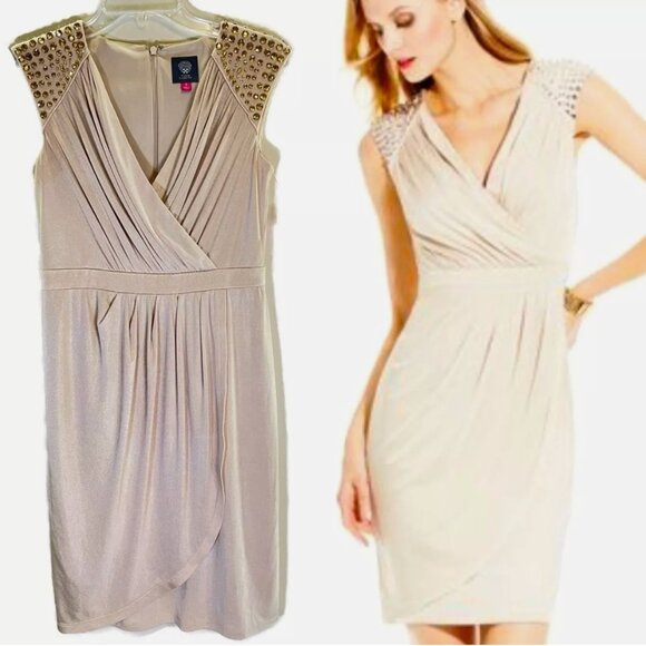 VINCE CAMUTO Embellished Faux Wrap Mini Cocktail Dress, Champagne/Gold, Size 4 - Picture 1 of 8